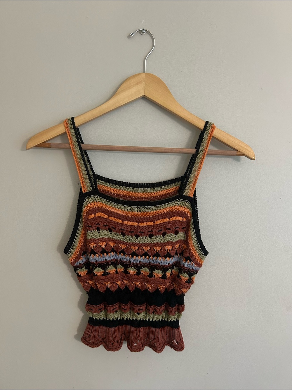 Cider Striped Crochet Tank Top in Black, Rust & Olive